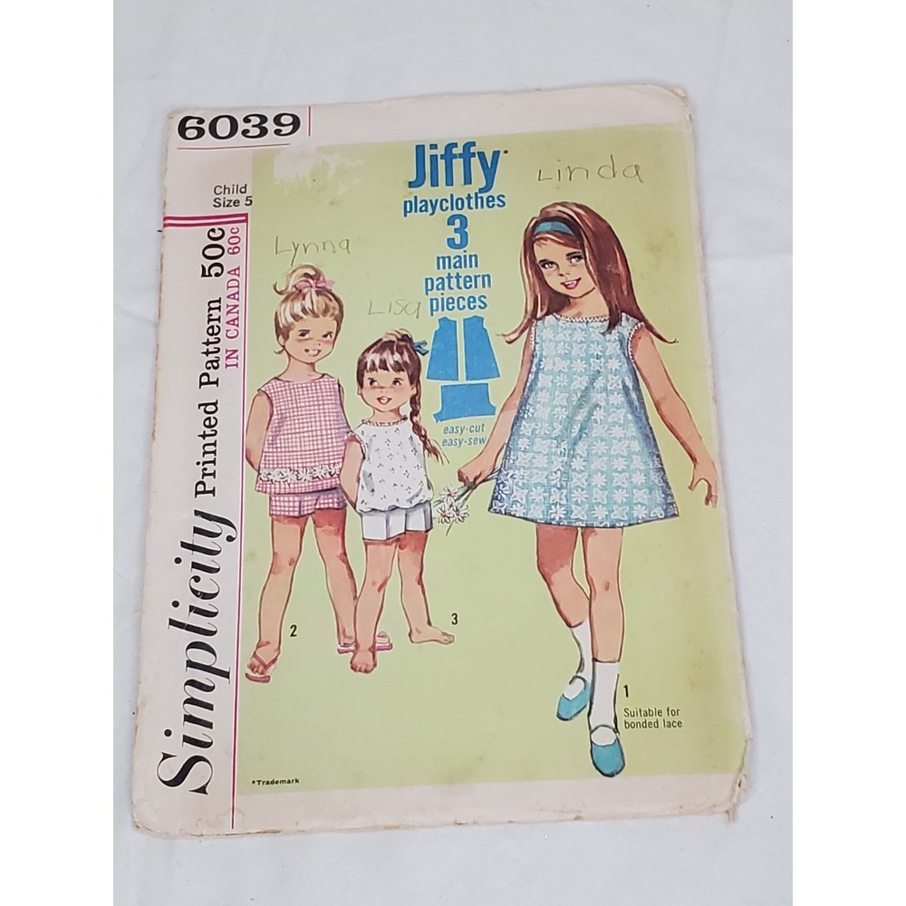 Vintage Simplicity 6039 Jiffy Sewing Pattern Child Size 5 Dress Top Shorts 1960s